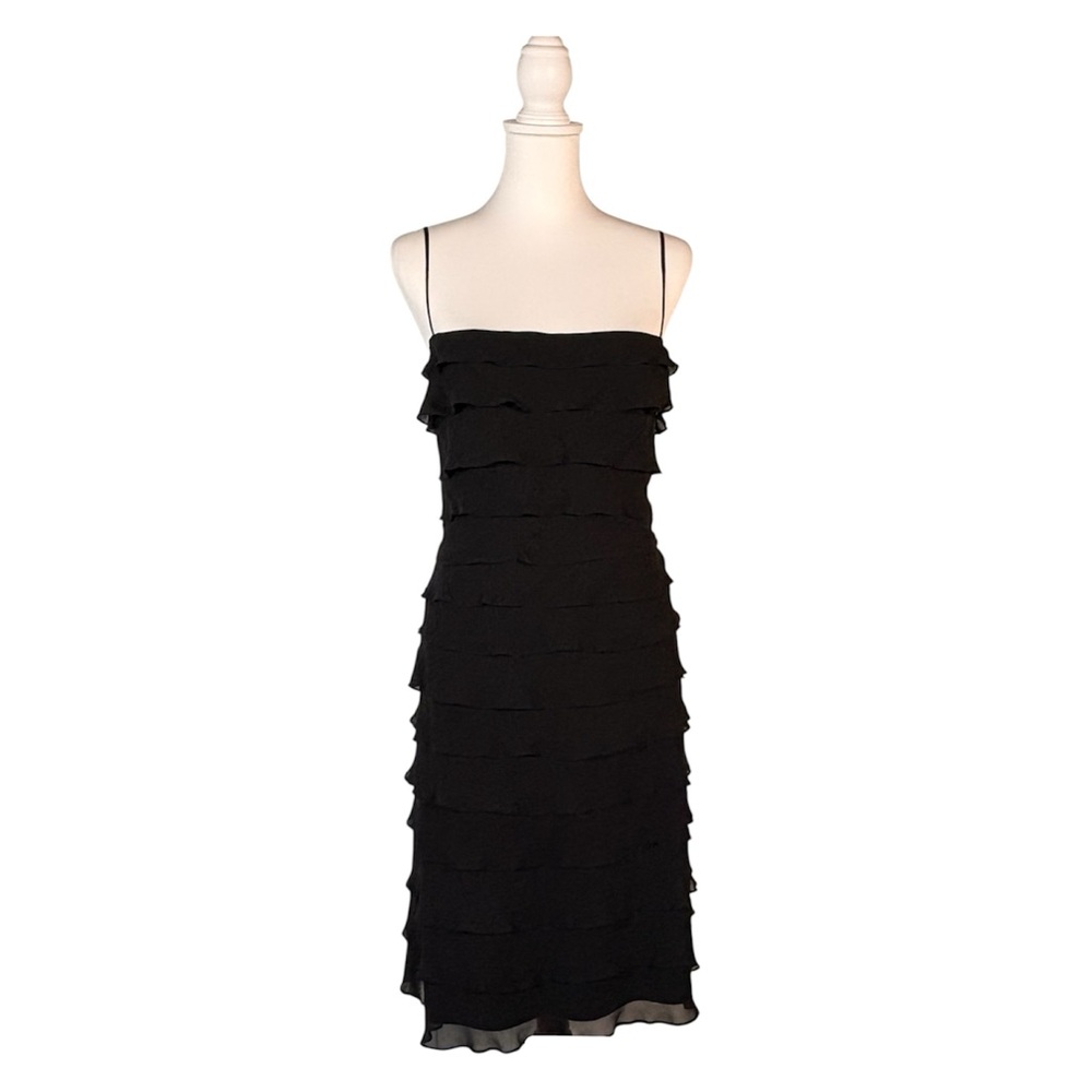 90s 80s Tadashi Shoji Black Dress Women’s 12 100% Silk‎ Sleeveless Ruffle Sheath